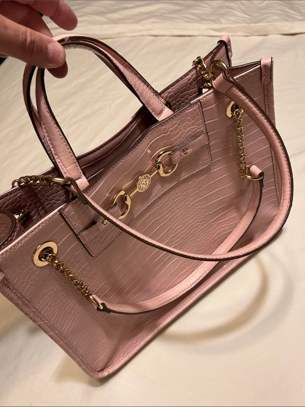 Anne Klein Blush Pink Croc-Embossed Satchel with Gold Hardware